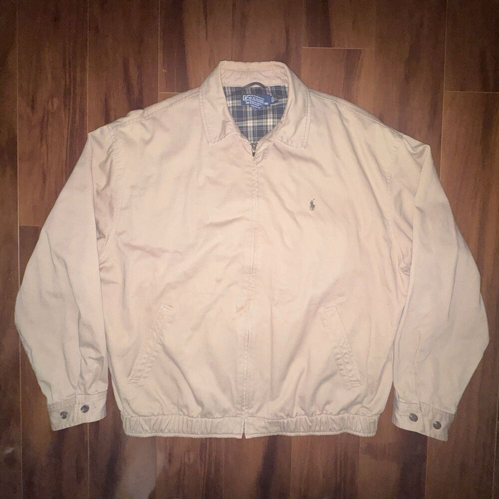 Vintage Polo Ralph Lauren Harrington Jacket XL Tan Plaid Lined Cotton Pony